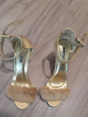 Gold Fur-Trim Ankle Strap Sandals